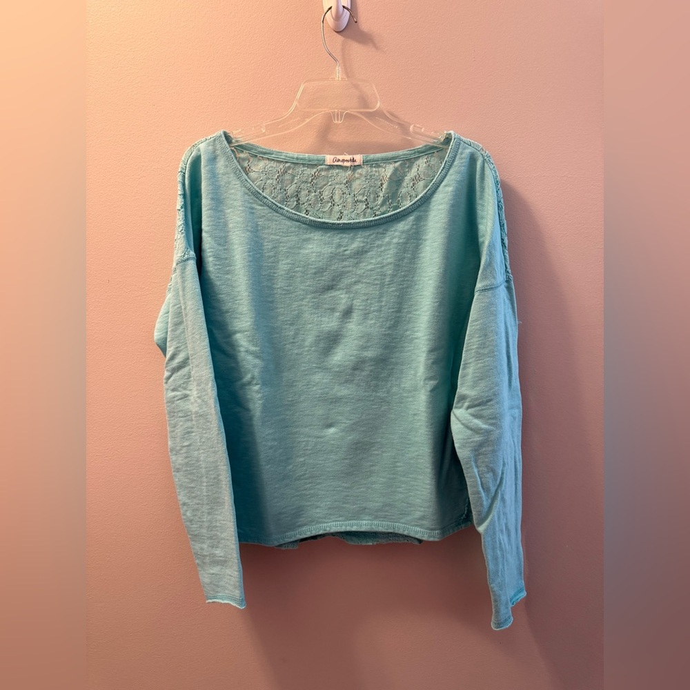 Aeropostale Women Sz XL Long Sleeve Scoop Neck Lace Back Blue Y2K Boho Top